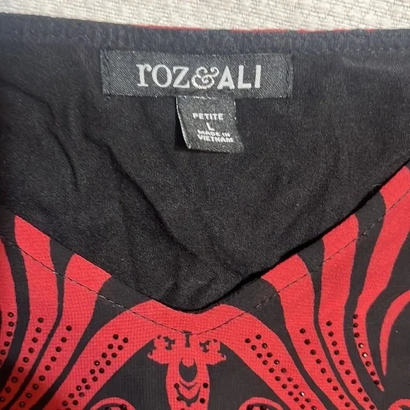 **$8 FINAL SALE** Roz & Ali Red Black Rhinestone 3/4 Sleeve Blouse Petite Large - Picture 4 of 6